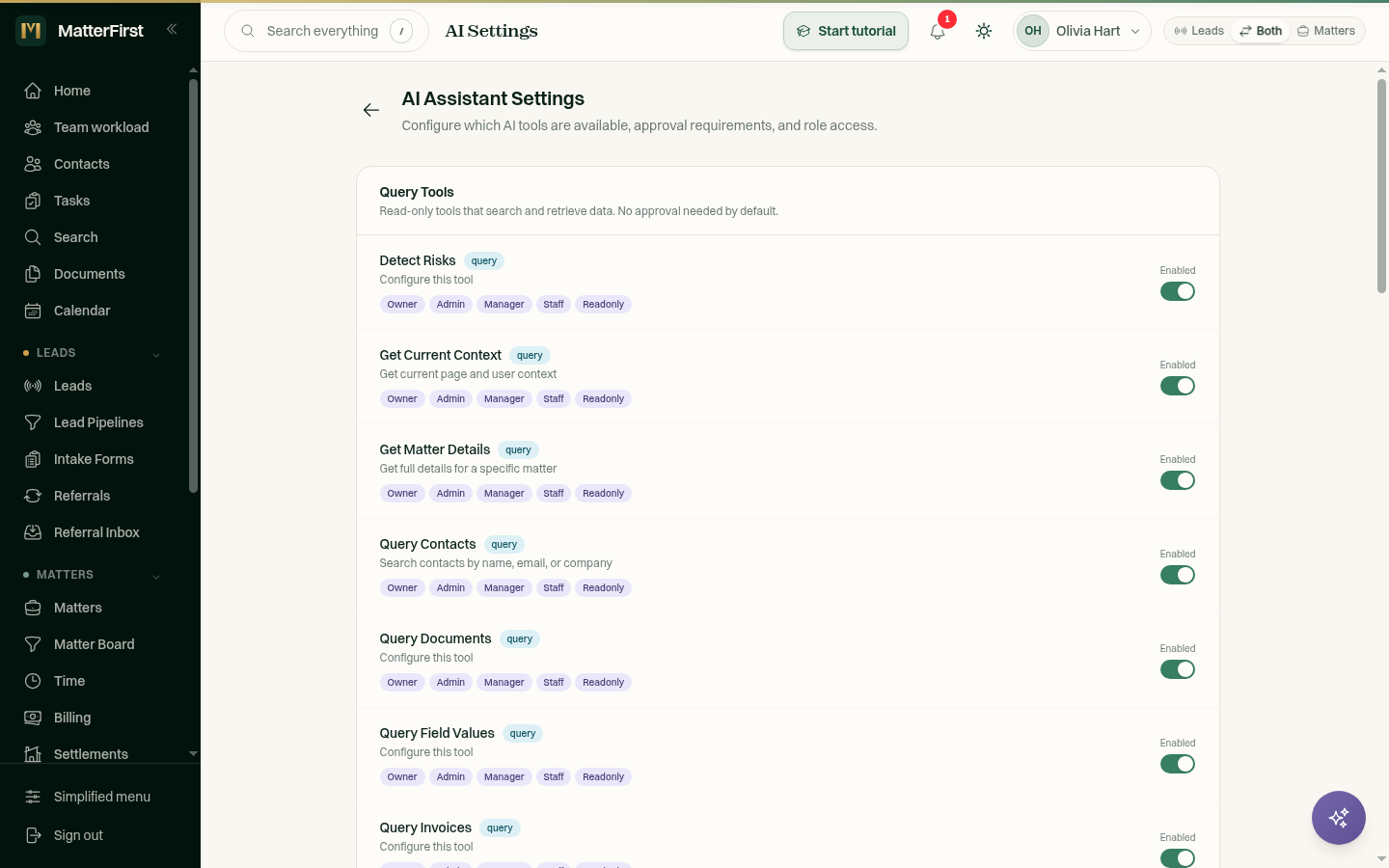 AI Assistant Settings page with Query Tools and Action Tools rows showing Enabled and Approval toggles