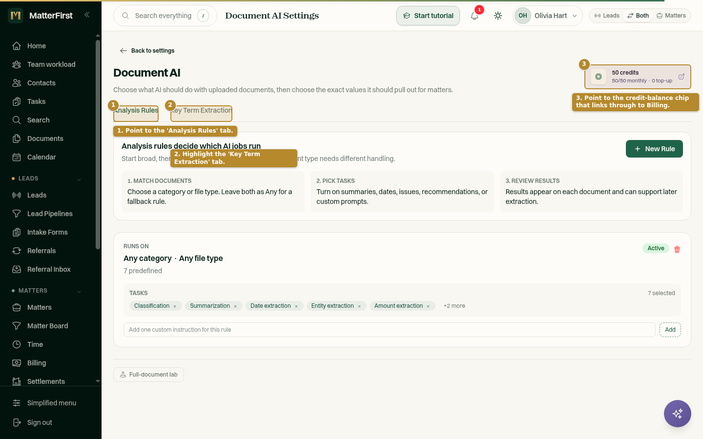 The Document AI page with Analysis Rules and Key Term Extraction tabs and a credit-balance link