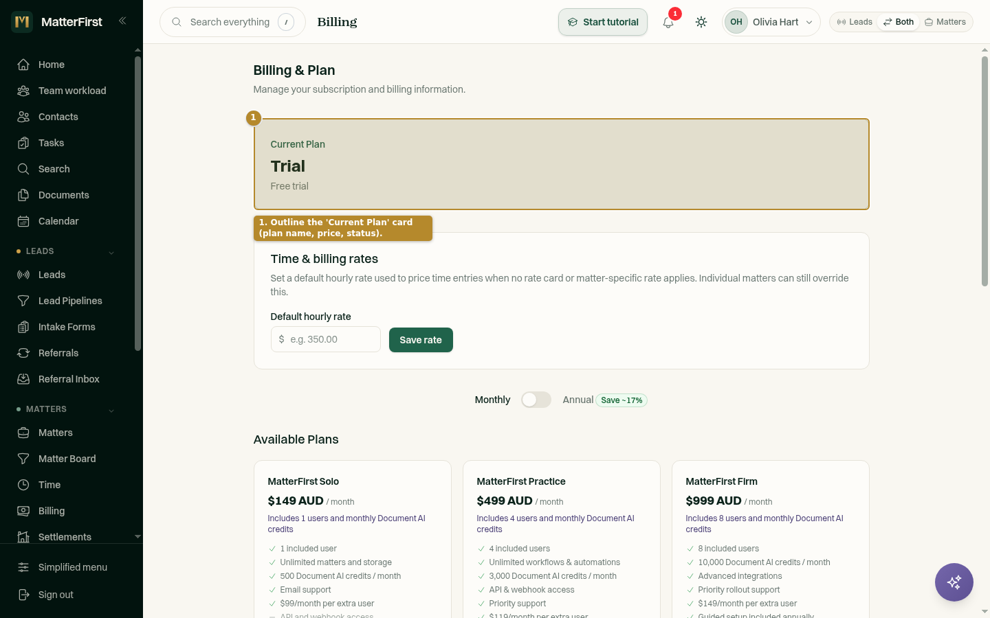 The Billing & Plan page with the Current Plan card showing plan name, price, and status
