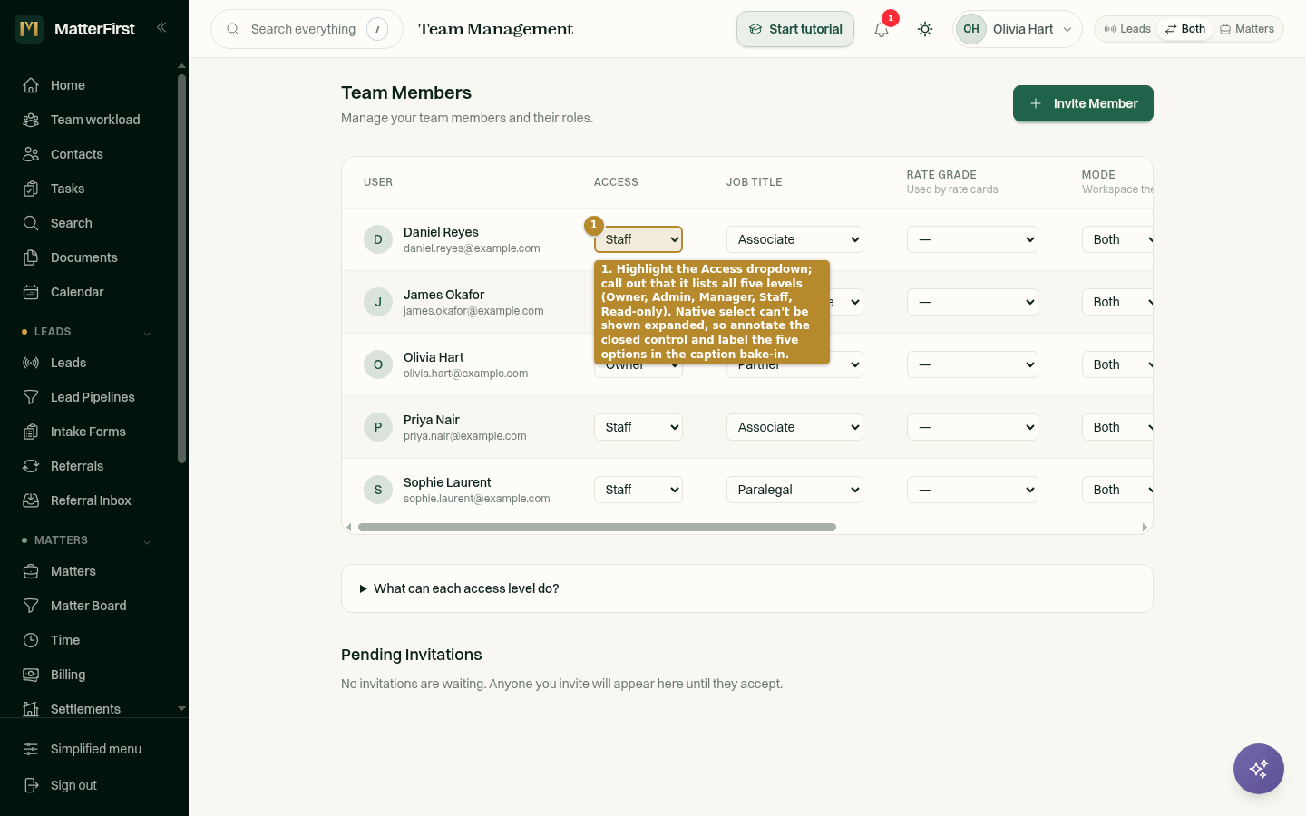The Access dropdown on a member row showing Owner, Admin, Manager, Staff, and Read-only