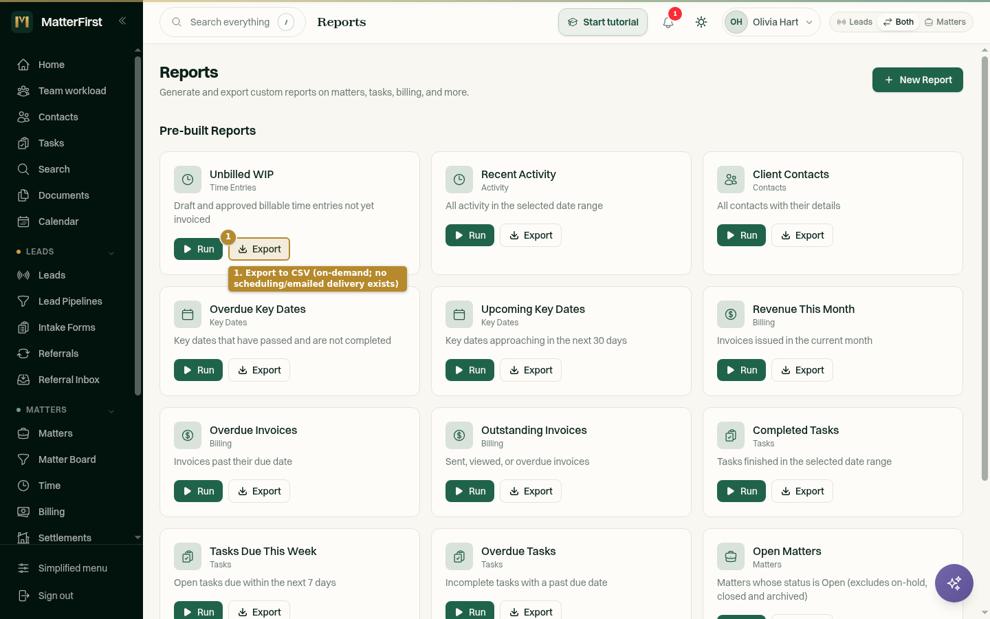 A pre-built report card with CSV and PDF export actions