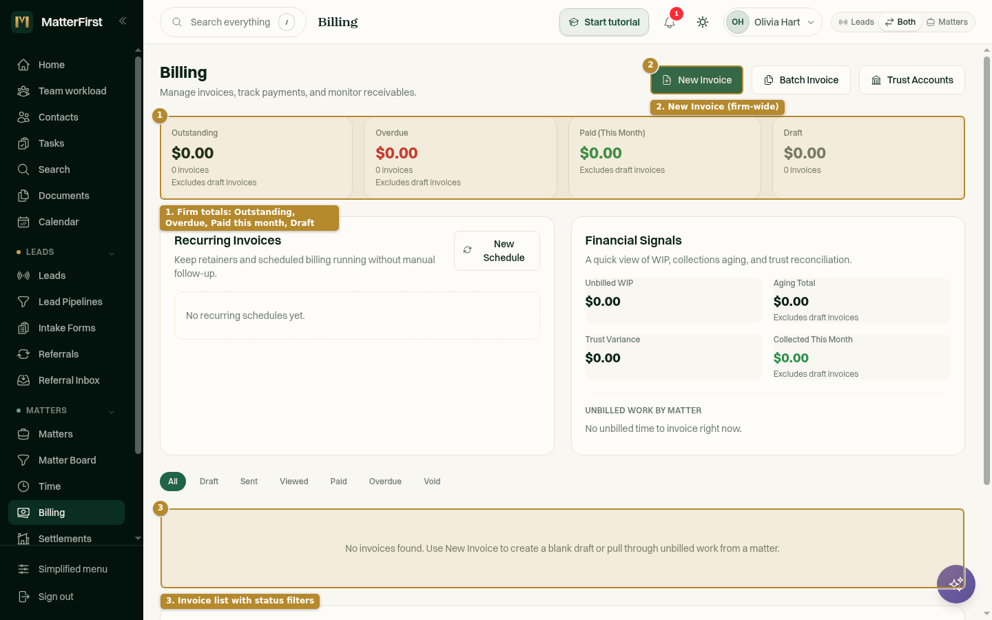 The firm-wide Billing page with stat tiles and the invoice list