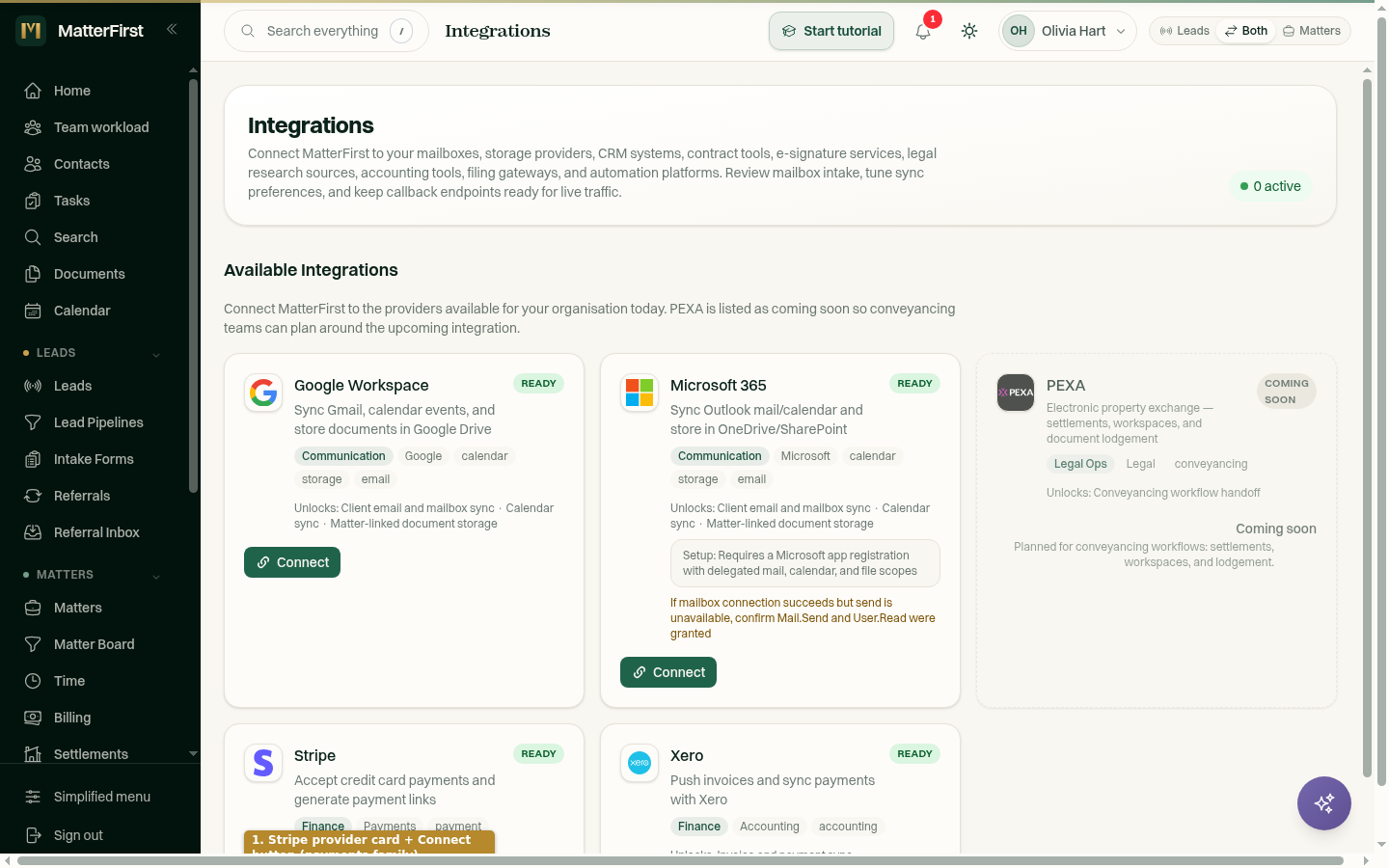 The Integrations page showing the Stripe payments provider card