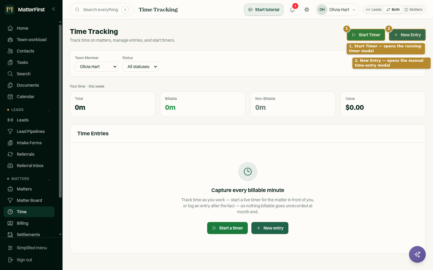 The Time page at /app/time with the Start Timer and New Entry buttons