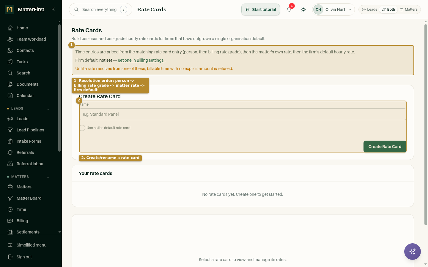 The Rate Cards settings page listing rate cards and the fallback note