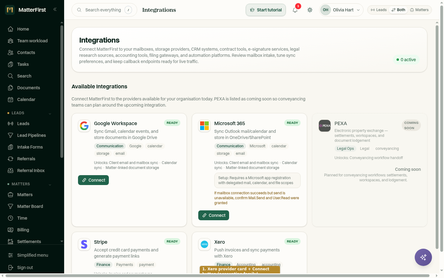 The Integrations page provider cards including the Xero accounting card