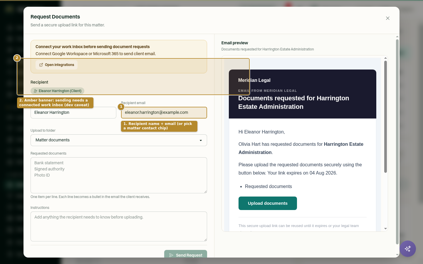 The document request form with recipient fields and the connect-inbox warning banner.