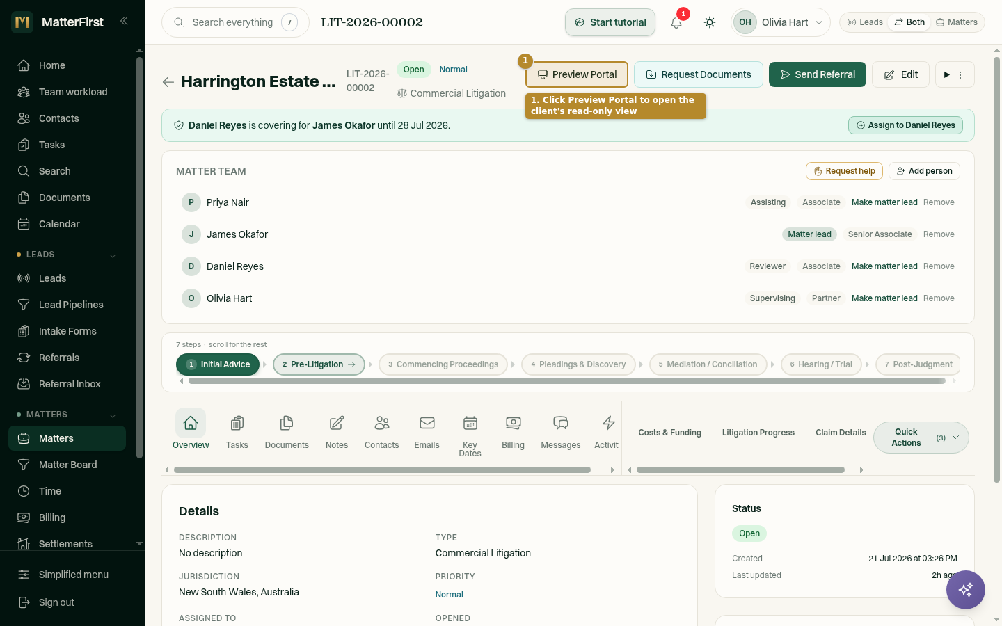 A matter page with the Preview Portal button highlighted in the action bar.