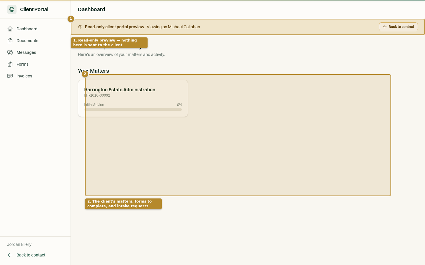 The client portal dashboard in preview mode, showing the client's matters and a read-only banner.