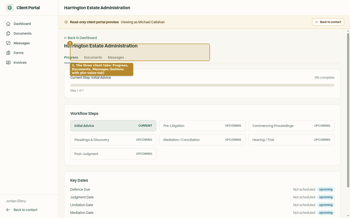 A matter in the portal preview showing the Progress, Documents and Messages tabs.
