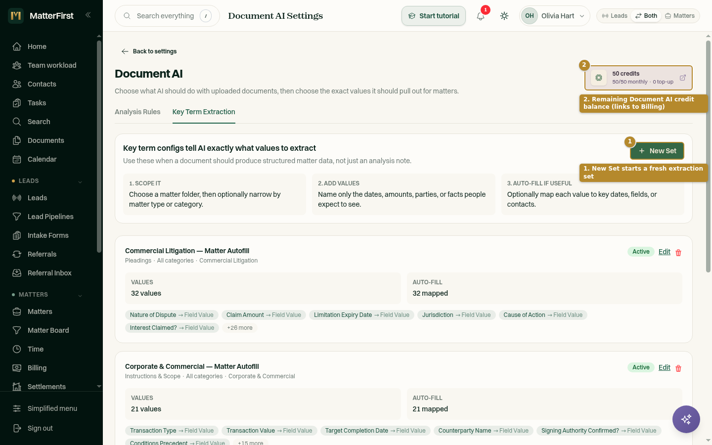Key Term Extraction tab in Document AI settings showing existing extraction sets and the New Set button