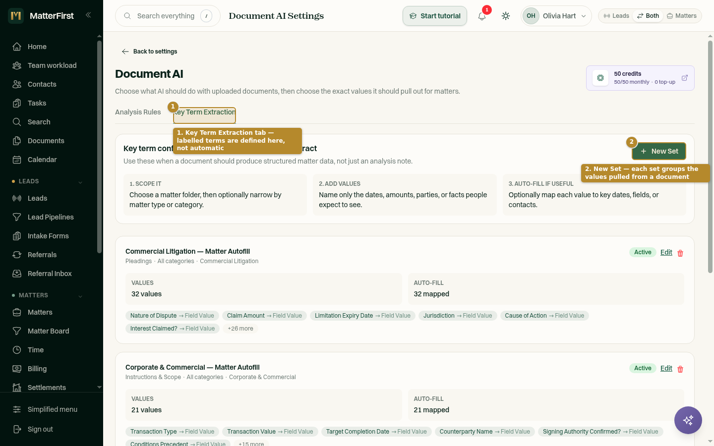 Settings Document AI page with the Key Term Extraction tab selected, listing configured extraction sets