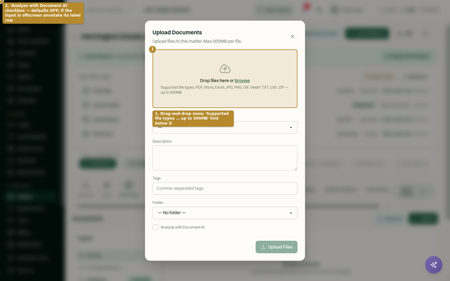 Upload Documents dialog with the drag-and-drop zone, metadata fields, and the 'Analyze with Document AI' checkbox highlighted