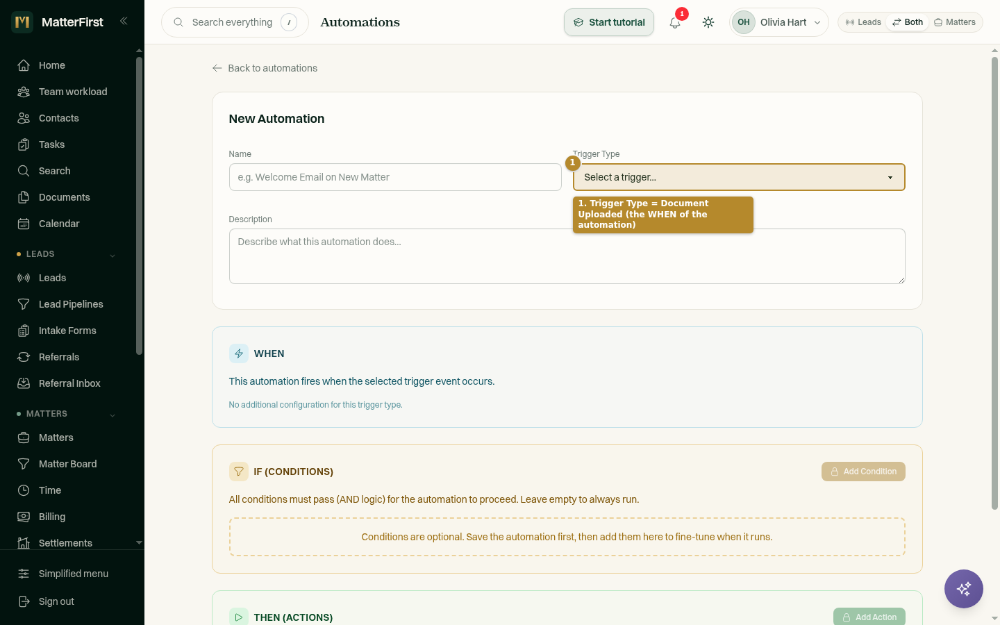 Automation editor with the Trigger Type set to Document Uploaded in the WHEN section