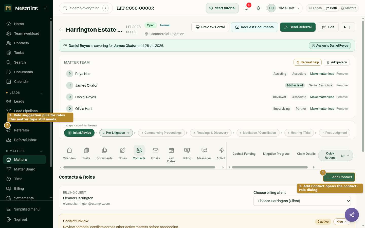 The Contacts tab of a matter, headed "Contacts & Roles", showing the billing client and an Add Contact button.