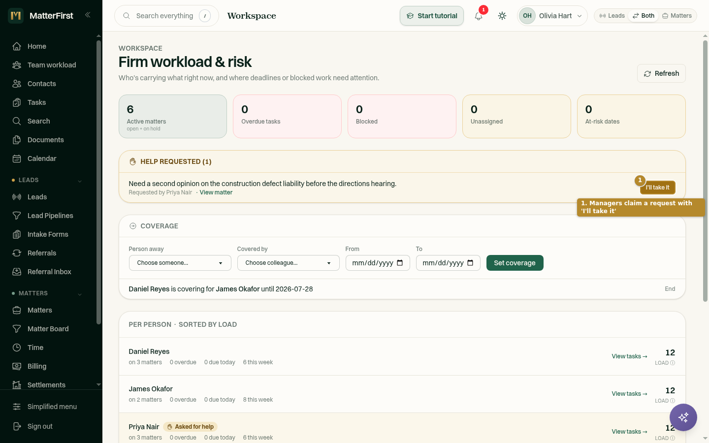 The Help requested inbox on the Team workload page, listing an open help request with its note and an "I'll take it" button.