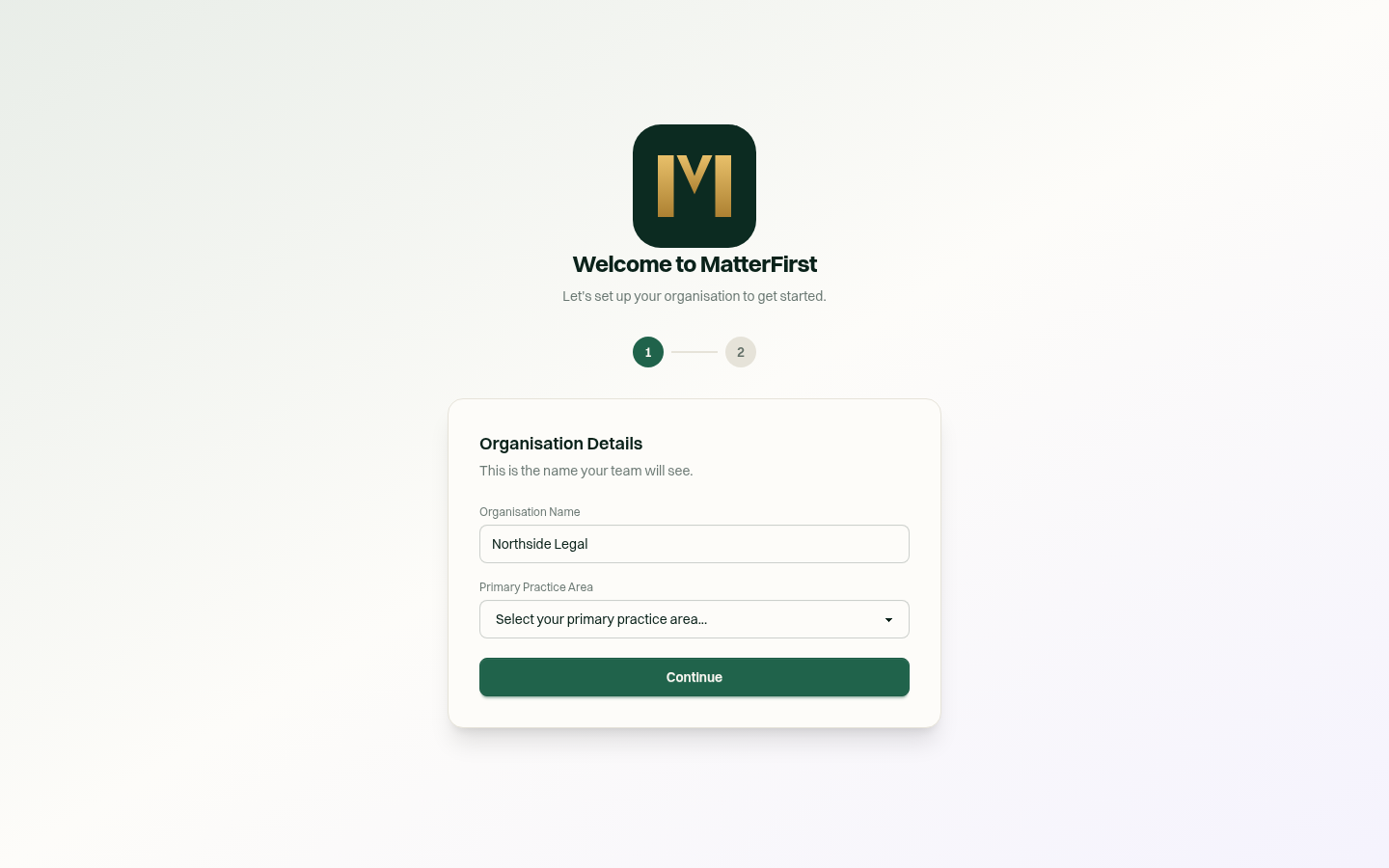 MatterFirst onboarding wizard step two, showing Team Size, Timezone, and Data residency dropdowns, a PEXA integration question, and a Create Workspace button.