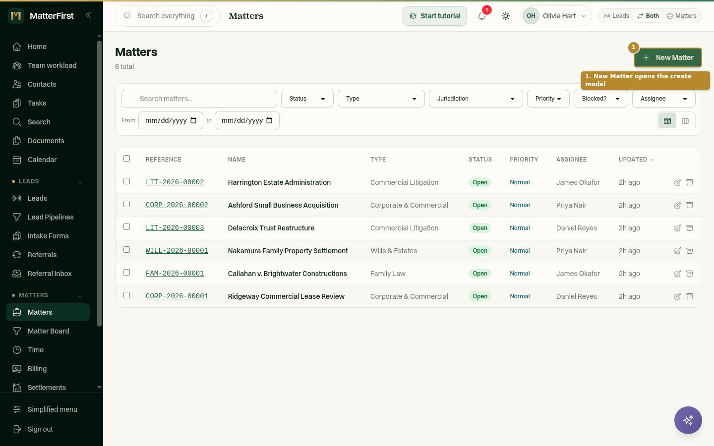 The Matters list page with the New Matter button highlighted in the top-right of the header.