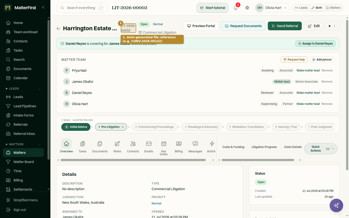 A newly created matter's page, with the matter name and its auto-generated reference shown in the header next to the status and priority badges.