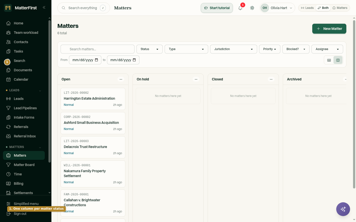 The Matters page in Board view, showing matters as cards arranged in columns by status.