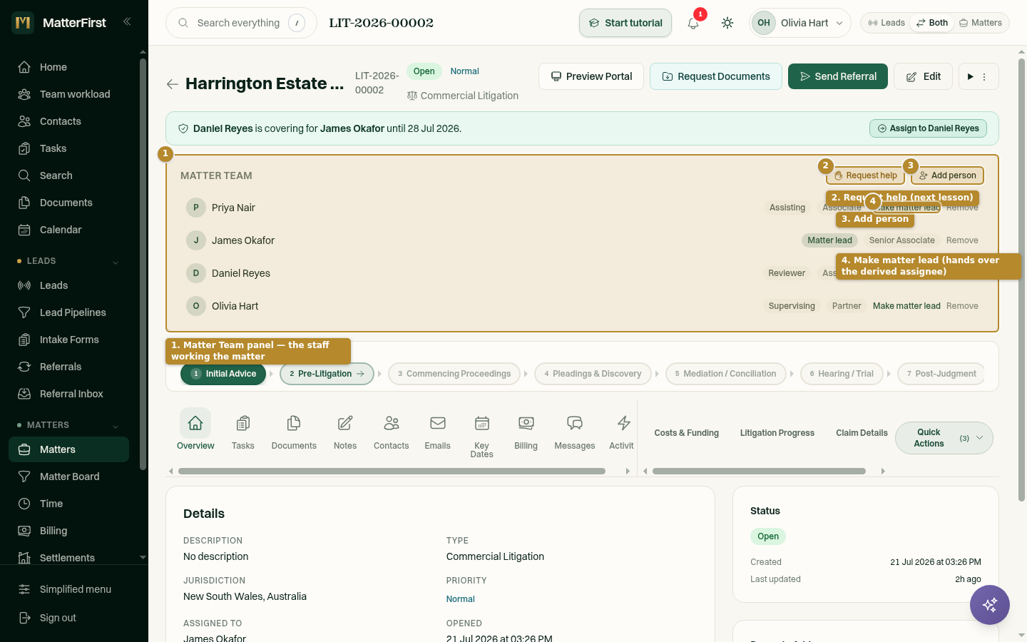 The Matter Team panel on a matter, listing team members with their role badges, a Make matter lead link and a Remove link on each row, and Add person and Request help buttons in the header.