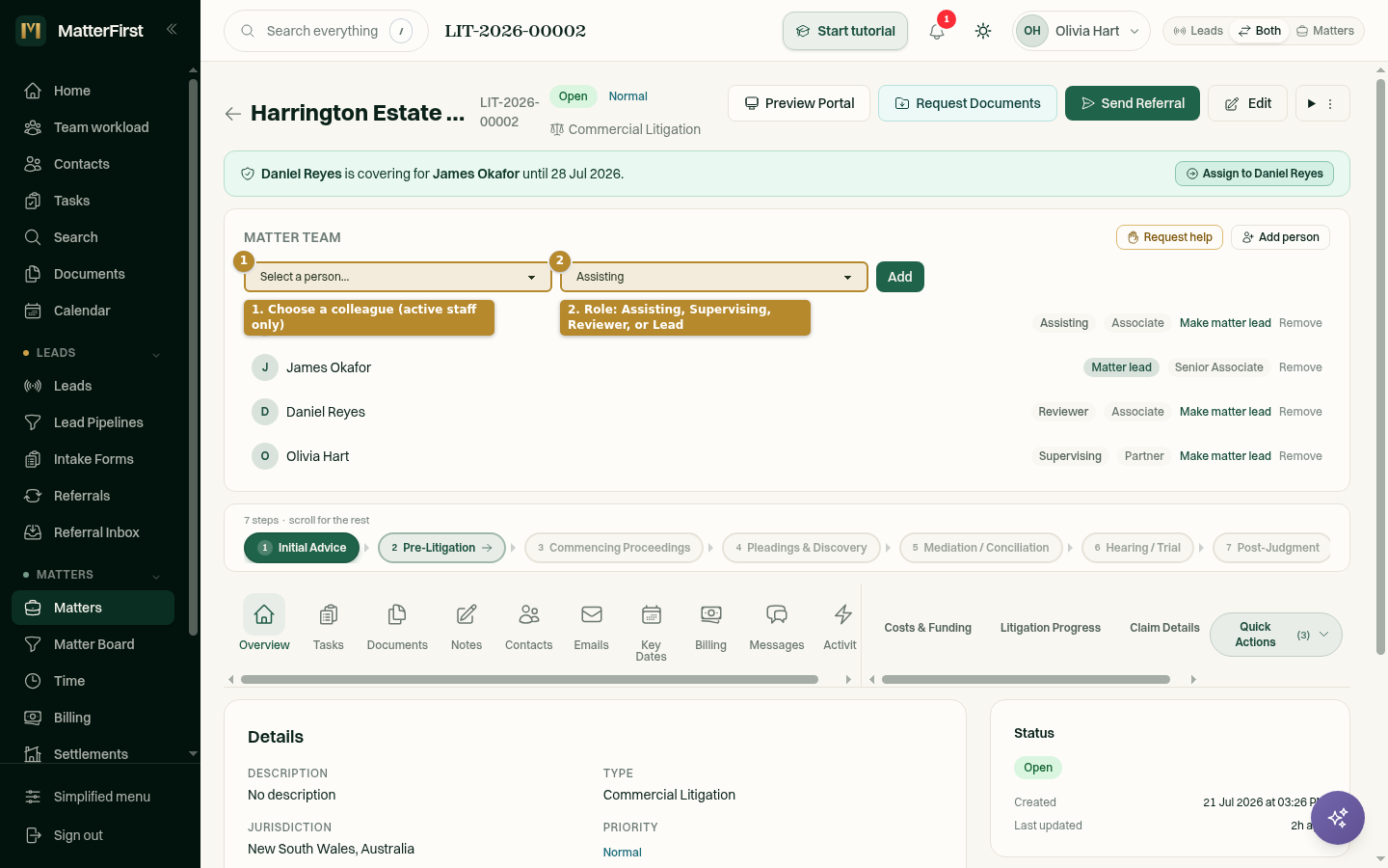 The Add person form expanded in the Matter Team panel, showing a person dropdown and a role dropdown with options Assisting, Supervising, Reviewer, and Lead, next to an Add button.