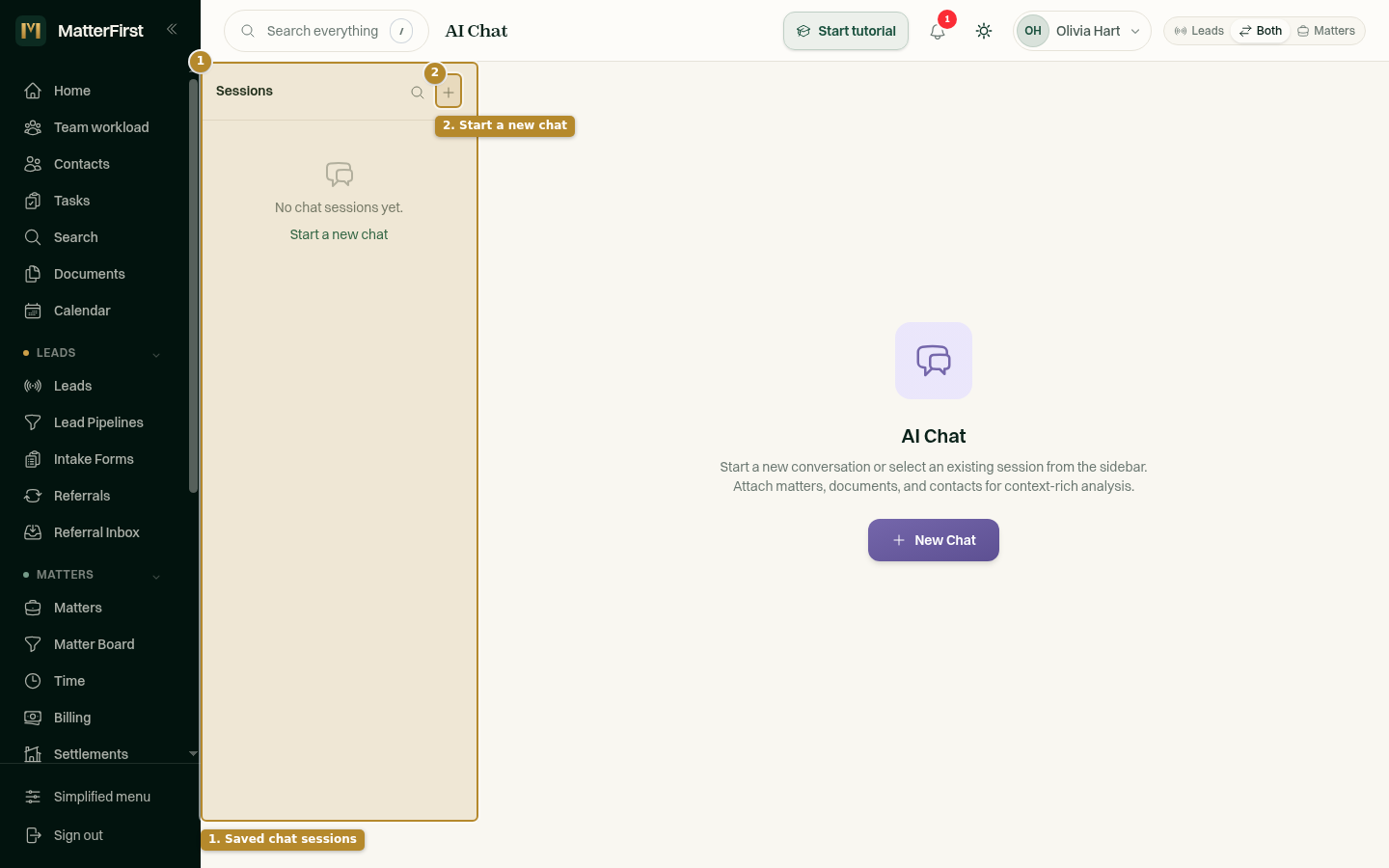 The AI Chat page, with a Sessions sidebar, a New chat button, and a message input at the bottom.