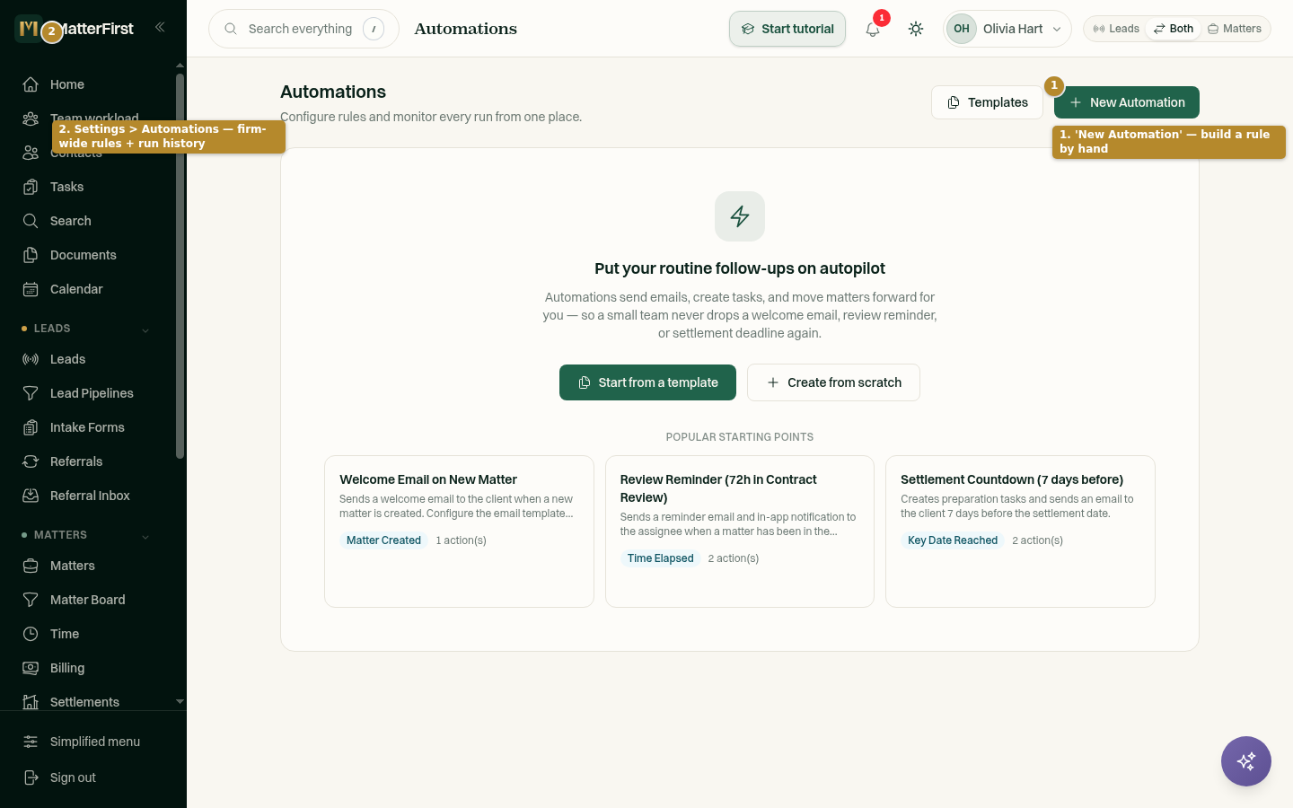 The Automations list page with New Automation and Templates buttons, and the first-run prompt to start from a template or create from scratch.